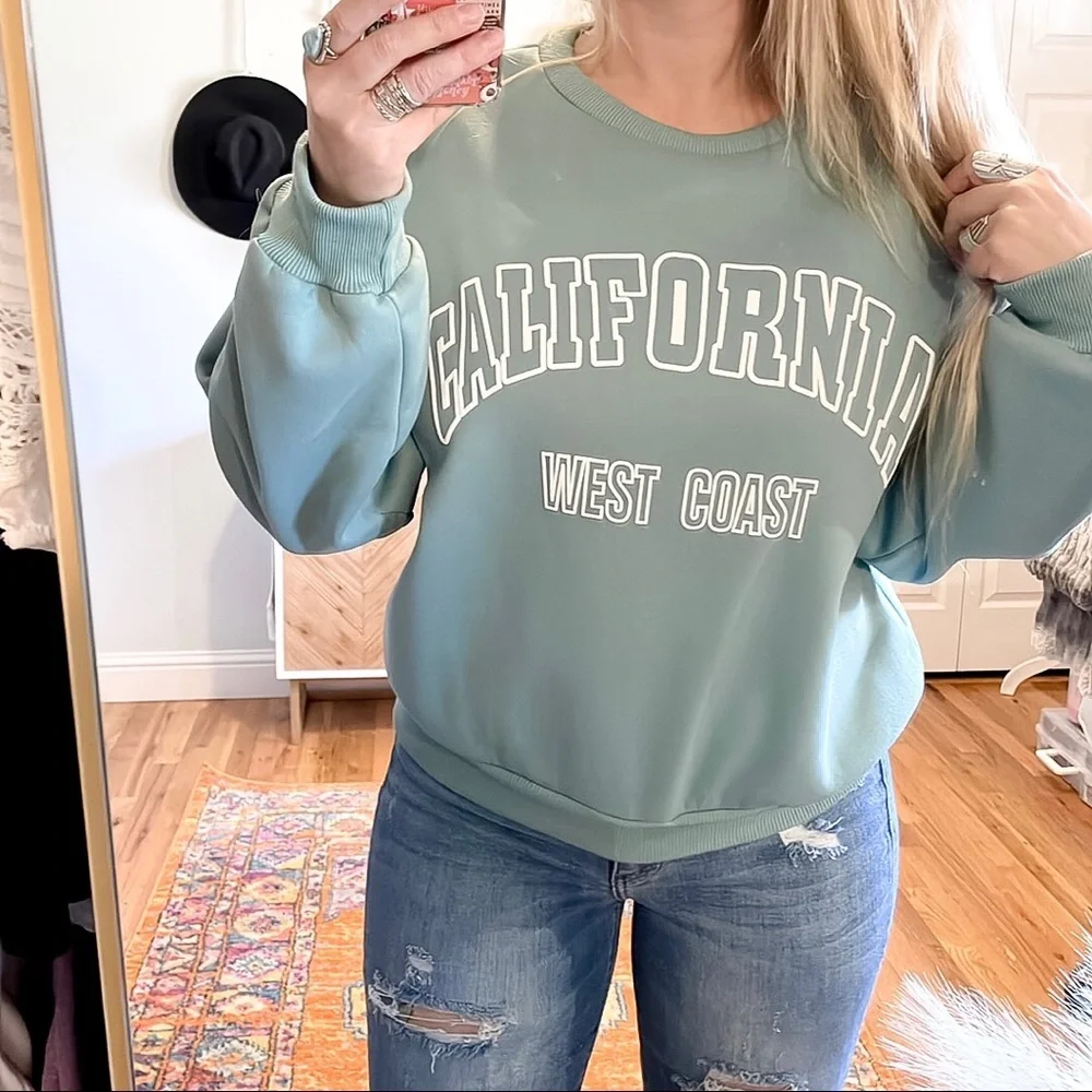 SHEIN | California West Coast Light Green Crewneck Sweatshirt - Picture 2 of 5